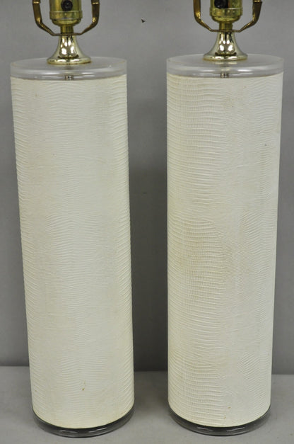Vintage Hollywood Regency White Faux Alligator Embossed Cylinder Table Lamp Pair