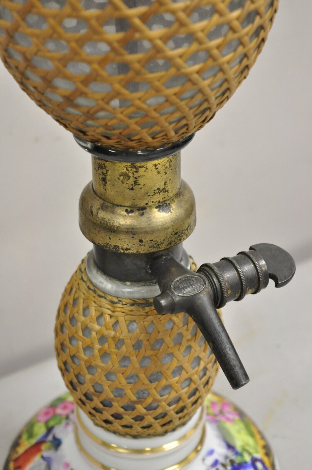 Antique French Victorian Rattan Wrapped Blown Glass Seltzer Bottle Table Lamp