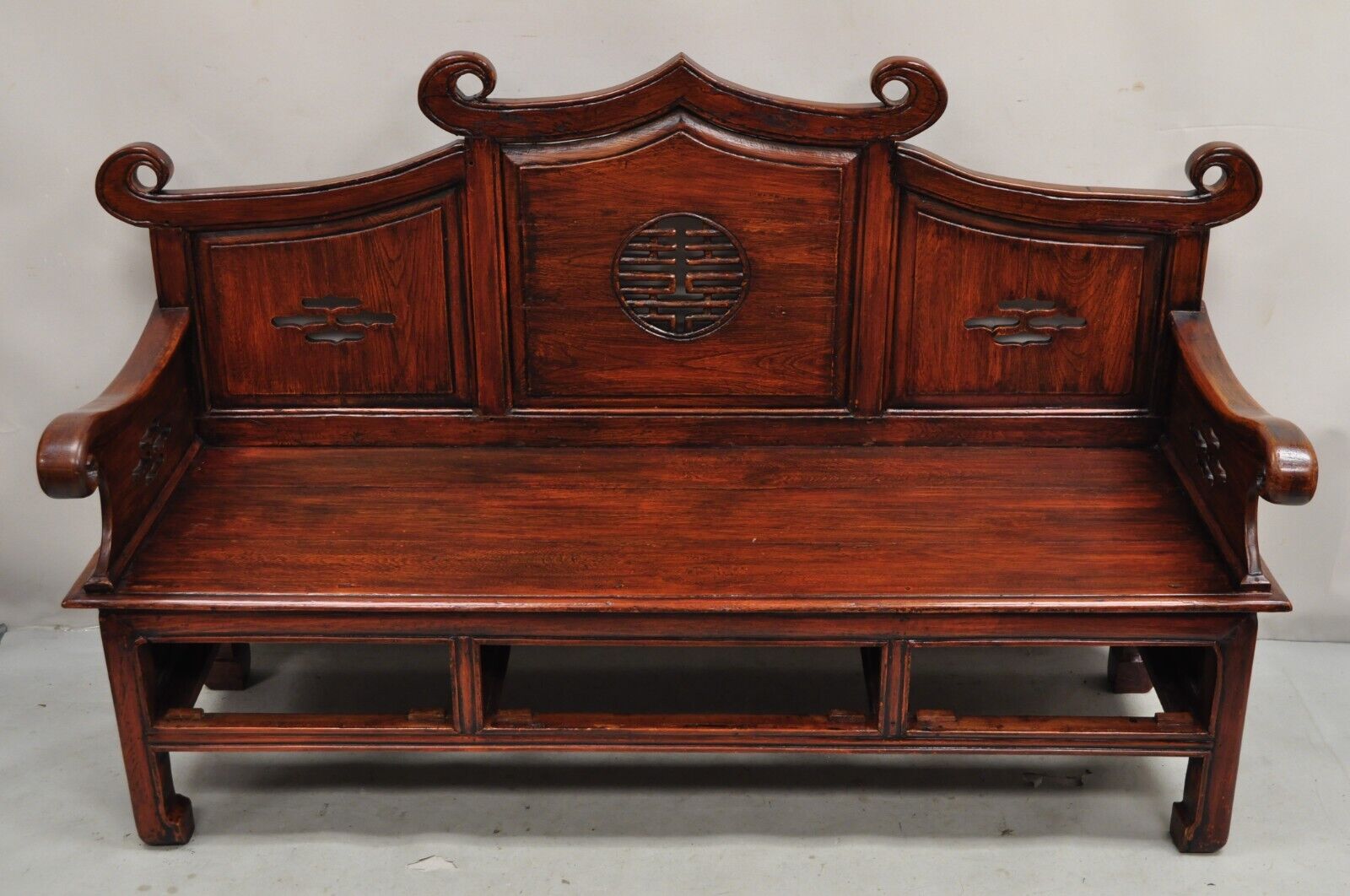 Vintage Chinese Mahogany Carved Wood Pagoda Sofa Hall Wedding Bench