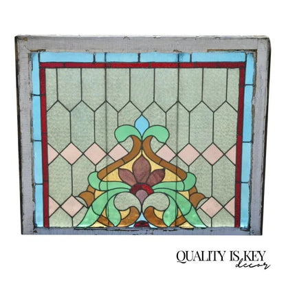 Antique Art Nouveau Stained Glass Blue Green Orange Fleur De Lis 34x40 Window