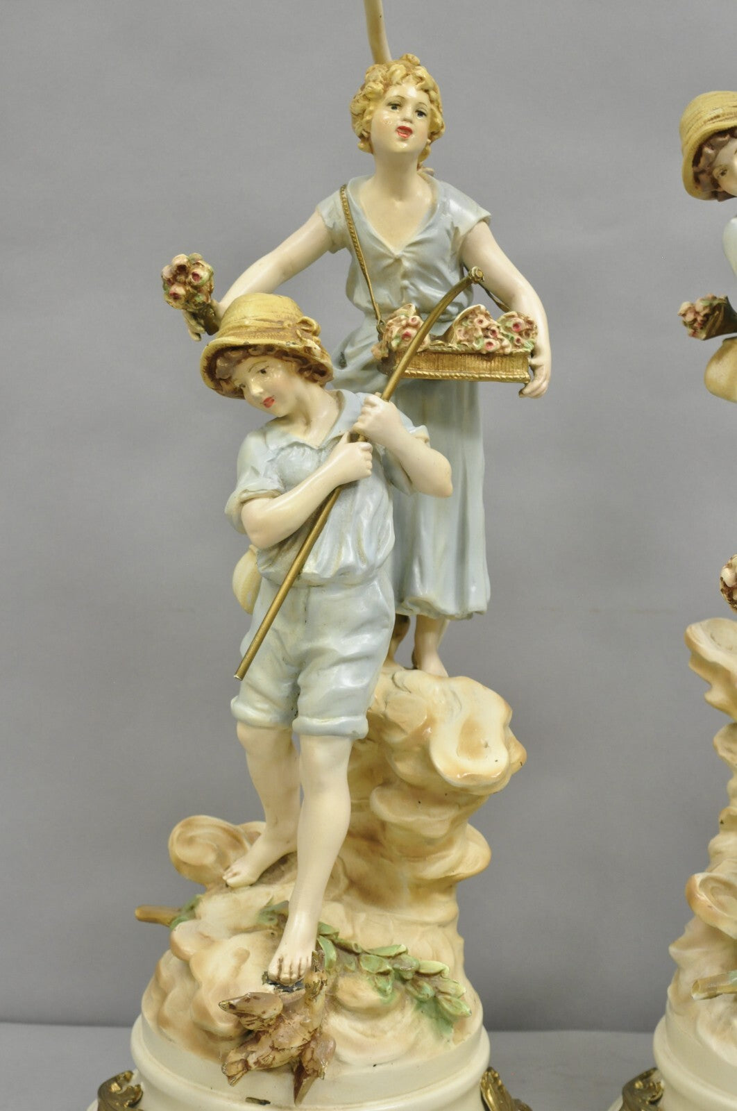 Antique L&F Moreau Victorian Painted Spelter Metal Figural Table Lamps - a Pair