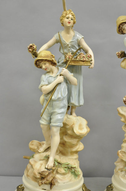 Antique L&F Moreau Victorian Painted Spelter Metal Figural Table Lamps - a Pair