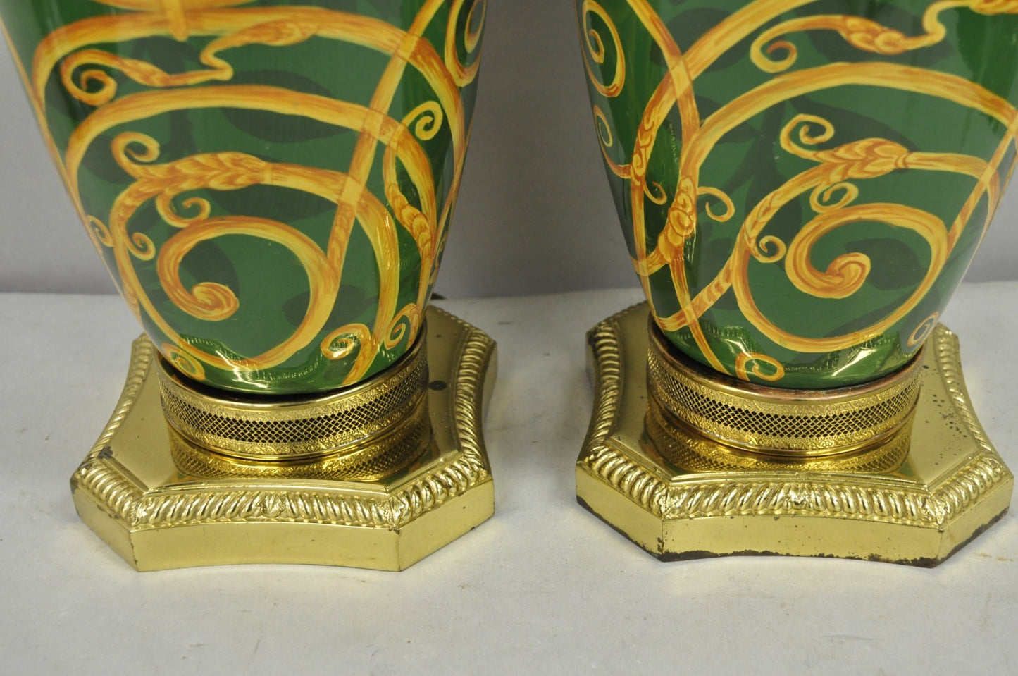 Hollywood Regency Green & Gold Scroll Painted Ceramic Table Lamps - a Pair