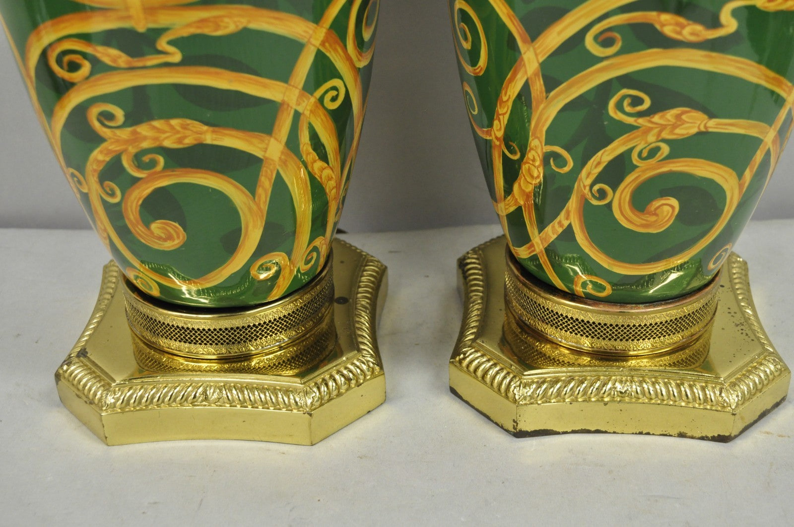 Hollywood Regency Green & Gold Scroll Painted Ceramic Table Lamps - a Pair