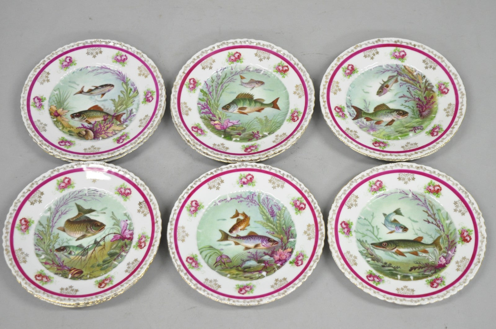 (12) Victoria Carlsbad Austria 8 3/8" Porcelain Fish Plates & Gravy Sauce Boat