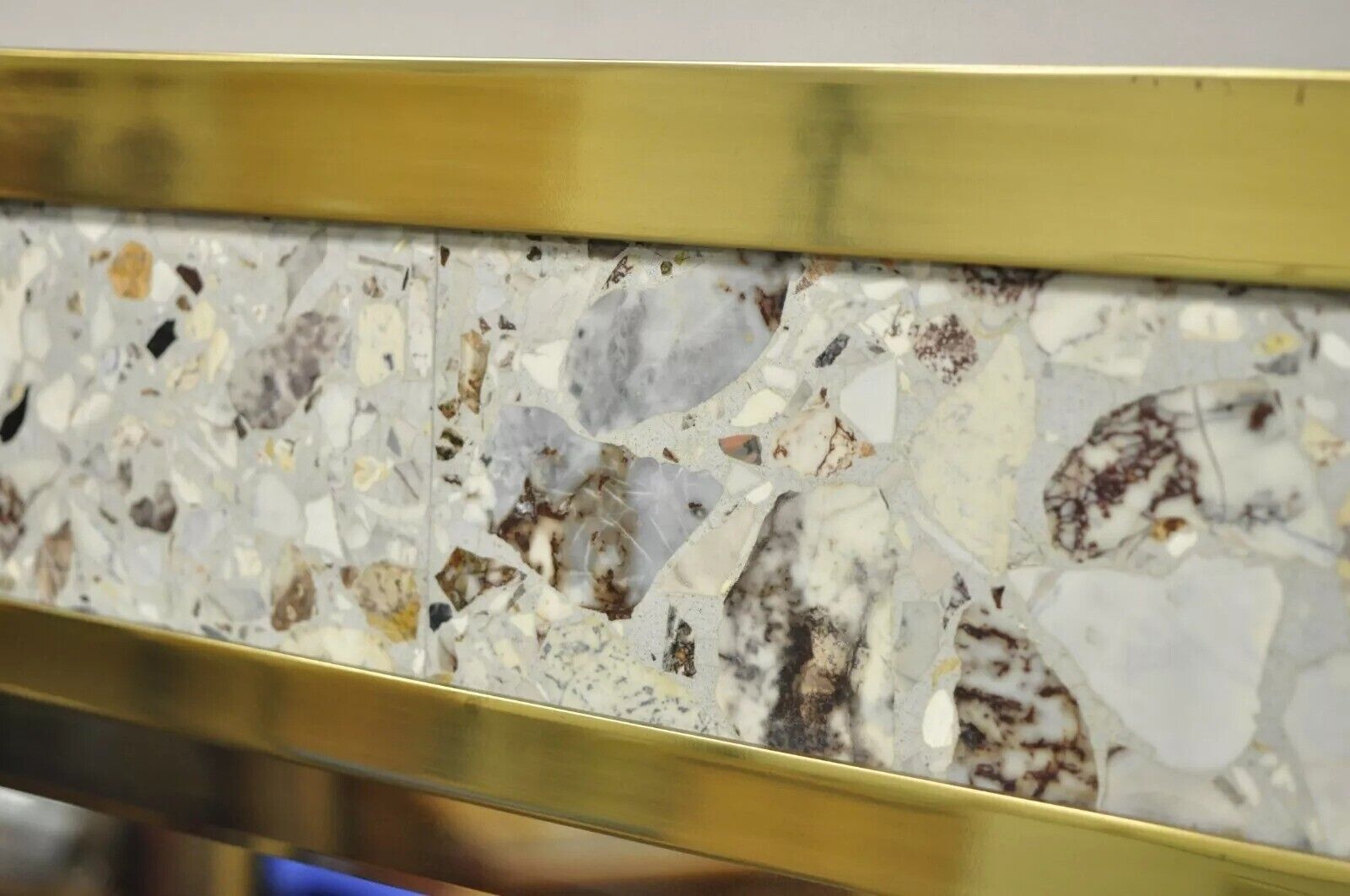 Vintage JL Metz Tomlinson Modern Brass Frame Marble Inlay 65" Tall Narrow Mirror