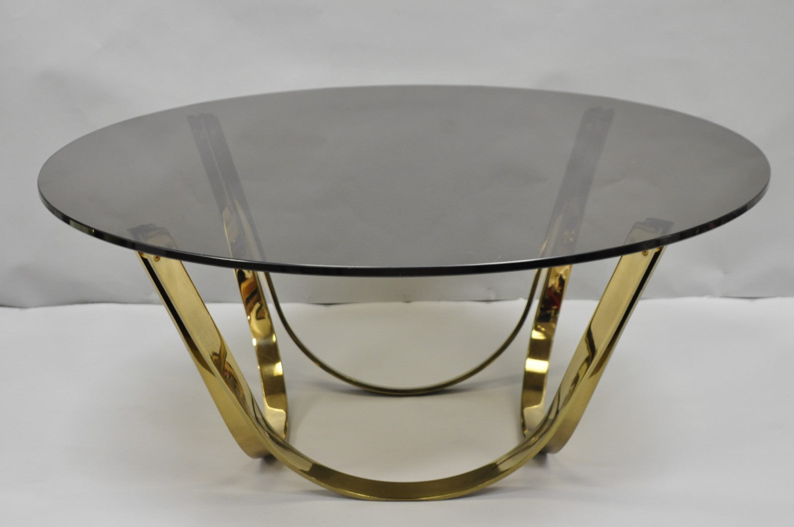 Tri-Mark Mid Century Modern Brass Plated Steel Smoked Glass Arch Coffee Table