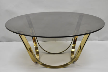 Tri-Mark Mid Century Modern Brass Plated Steel Smoked Glass Arch Coffee Table