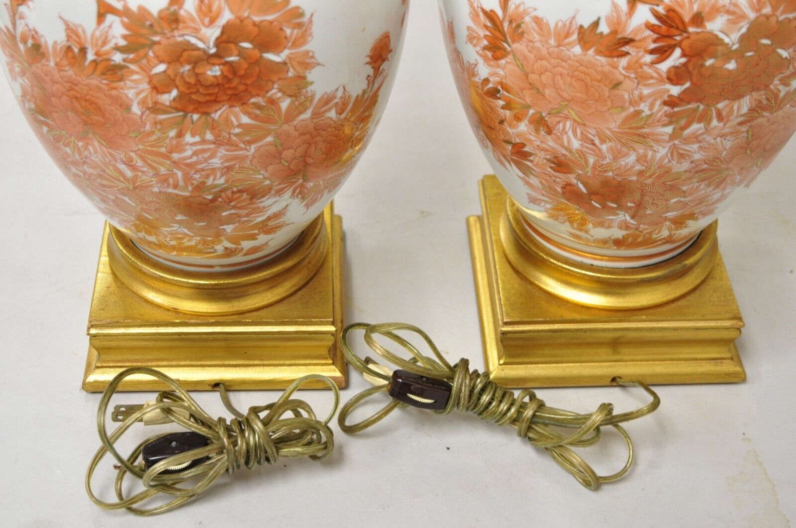Vintage Marbro Chinoiserie Porcelain Vase Orange Floral Asian Table Lamp Pair