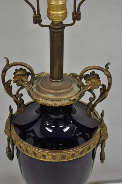 Antique French Empire Cobalt Blue Porcelain Figural Gilt Bronze Urn Table Lamp