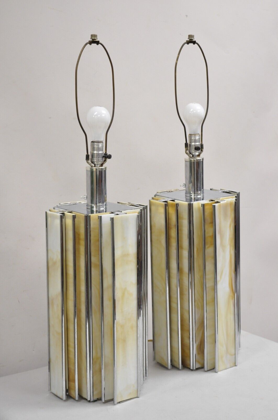 Vintage Art Deco Chrome & Stained Glass Skyscraper Table Lamps - a Pair