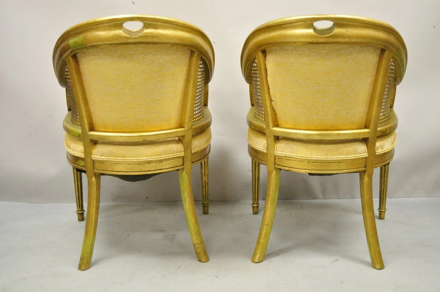 Vintage Italian Hollywood Regency Gold Gilt Barrel Back Cane Lounge Chairs, Pair