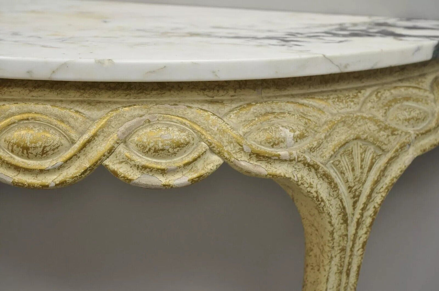 Italian Neoclassical Half Round Demilune Marble Top Ribbon Carved Console Table