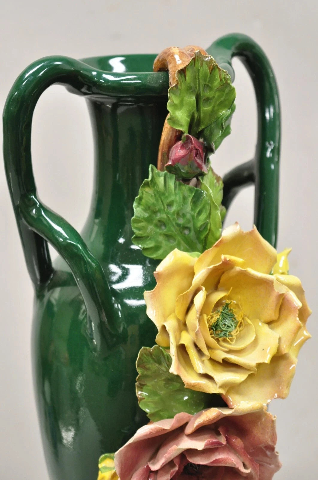 Vintage Victorian Green Porcelain Ceramic 18" Vase w/ Pink & Yellow Flowers