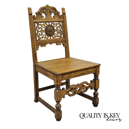 Antique Vanleigh Carved Oak Italian Renaissance Style Throne Dining Side Chair