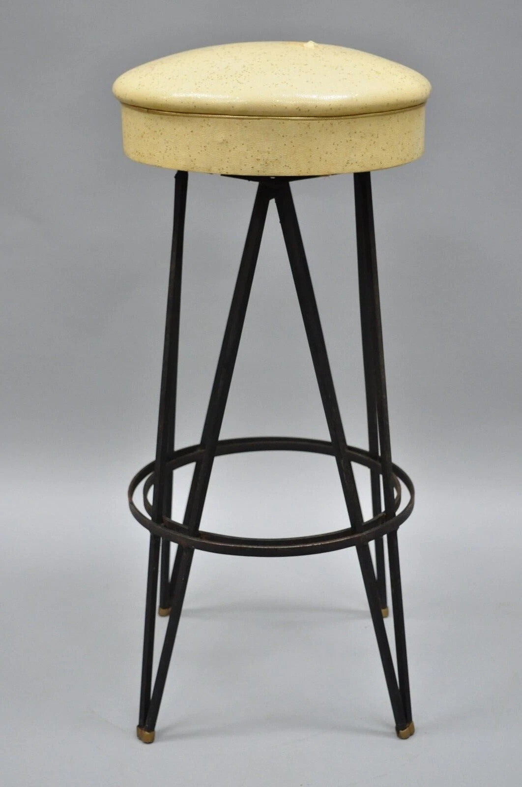 Vintage Mid Century Modern Atomic Era Swivel Wrought Iron Metal Hairpin Barstool