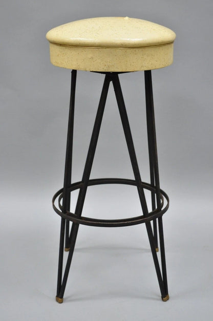 Vintage Mid Century Modern Atomic Era Swivel Wrought Iron Metal Hairpin Barstool