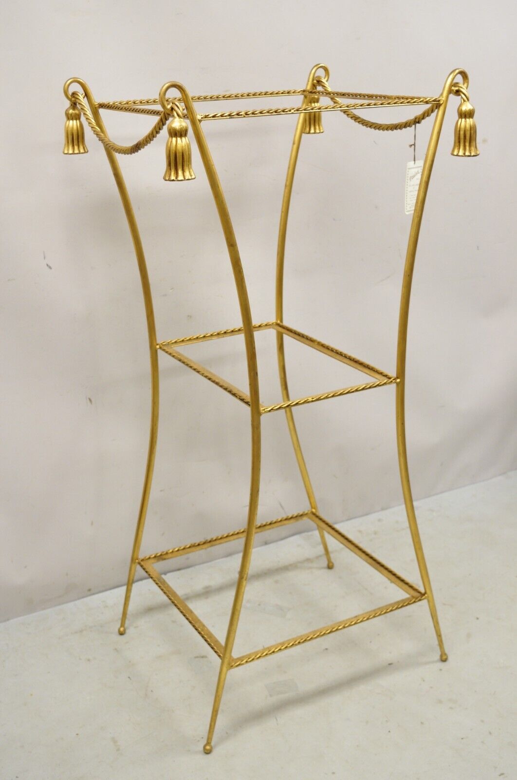 Italian Hollywood Regency Iron Rope Tassel Gold 3 Tier Display Stand Pedestal