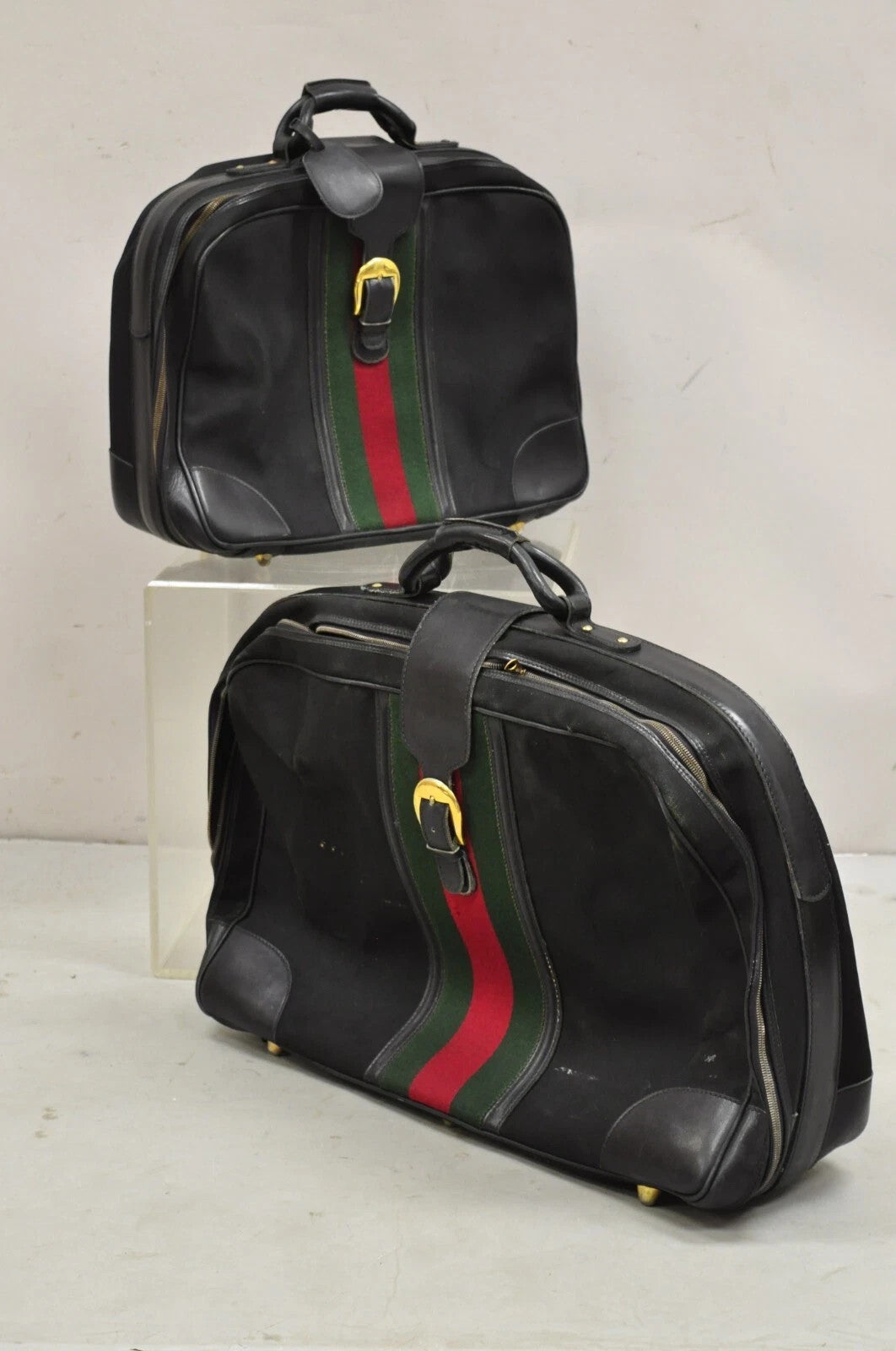 Vintage Gucci Black Canvas & Leather Suitcase Luggage Travel Bag Set - 2 Pcs