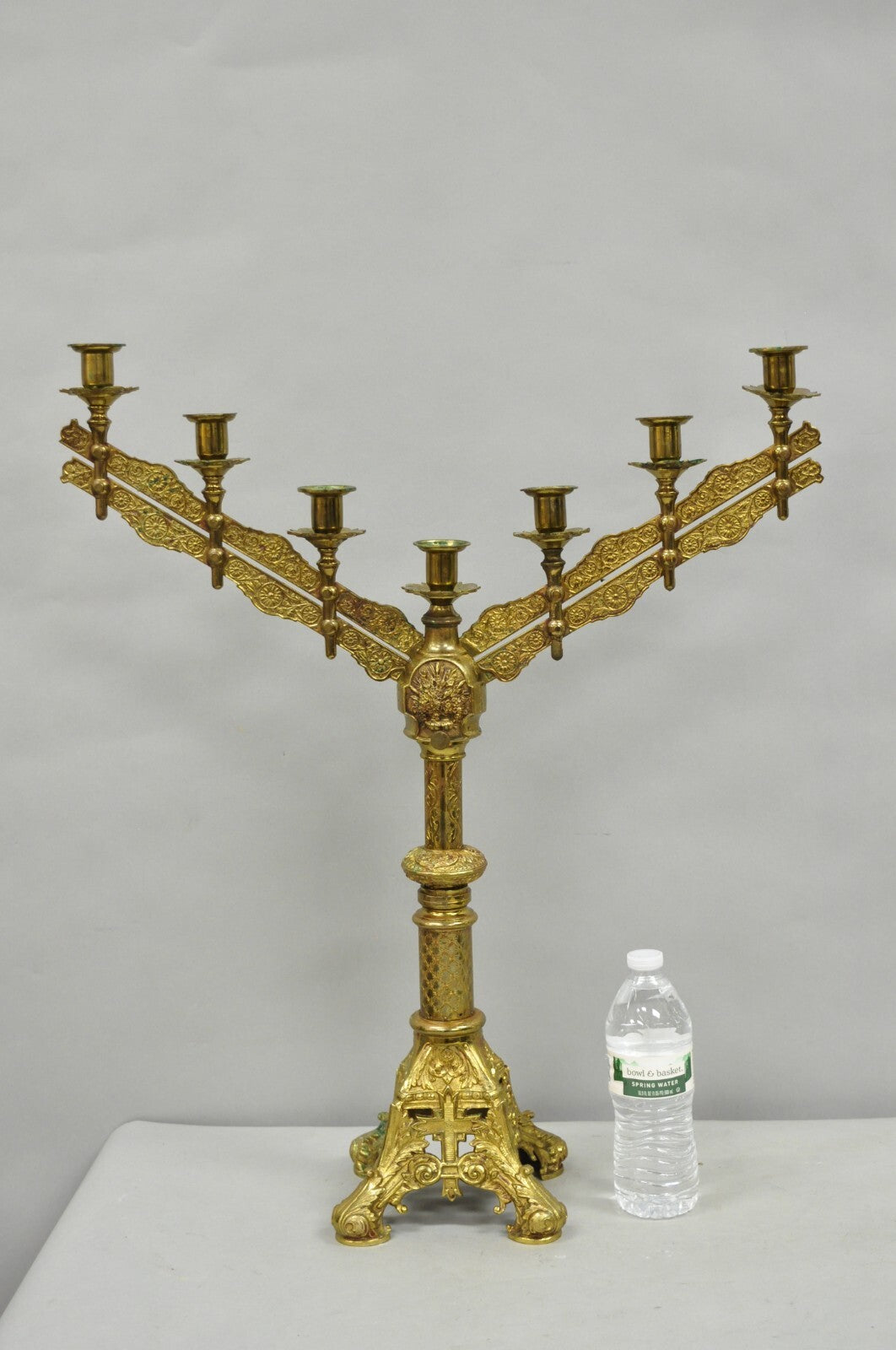 Antique French Renaissance Gothic Bronze 7 Arm Adjustable Candelabras - a Pair