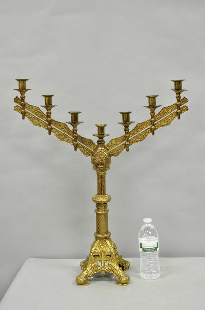 Antique French Renaissance Gothic Bronze 7 Arm Adjustable Candelabras - a Pair