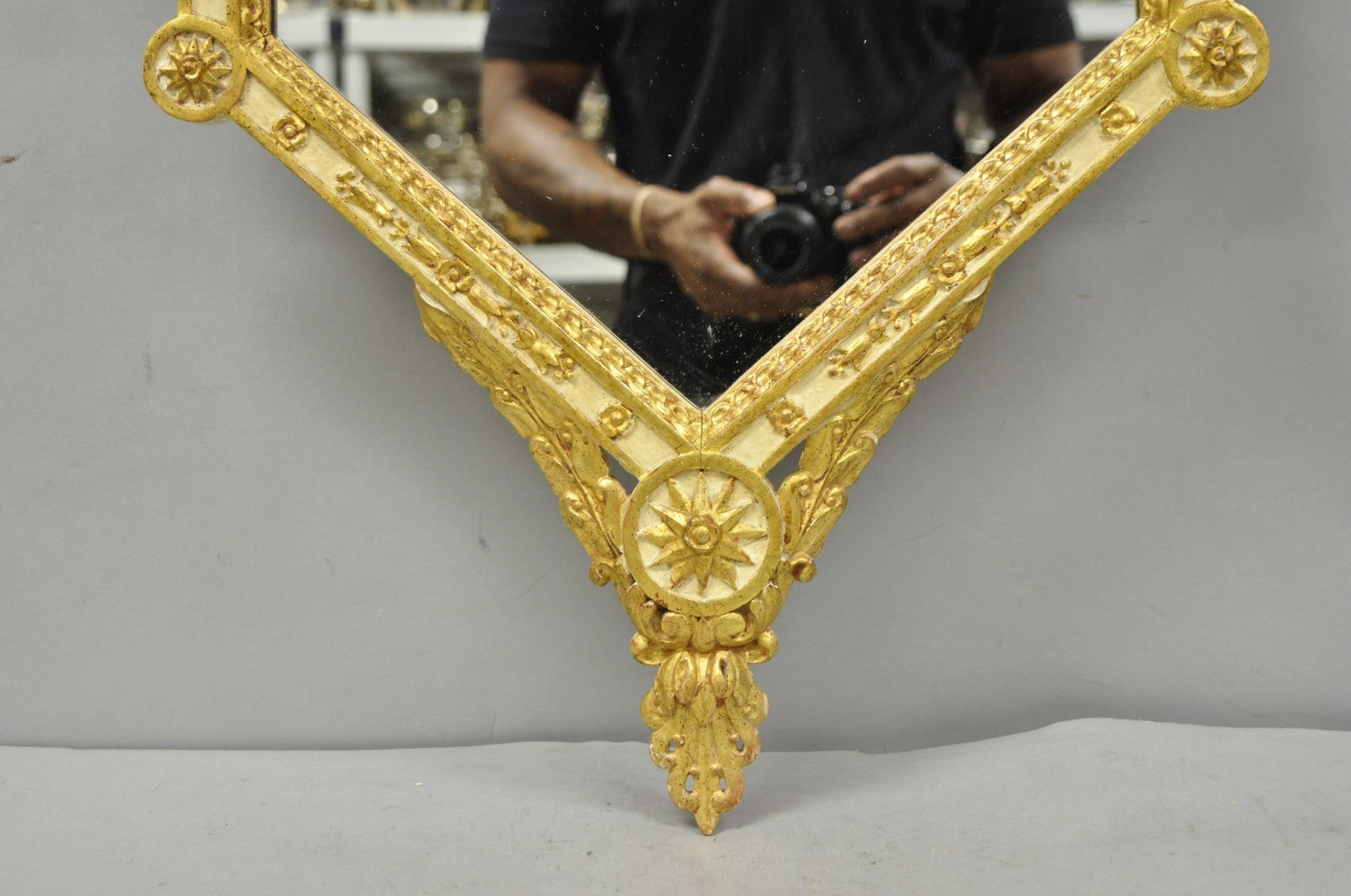Vintage Italian Neoclassical Style Cream & Gold Gilt Carved Wood Wall Mirror