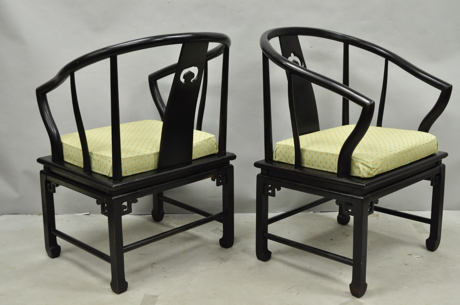 Vintage Oriental Ming Style Ebonized Horseshoe Lounge Chairs by Century (A) Pair