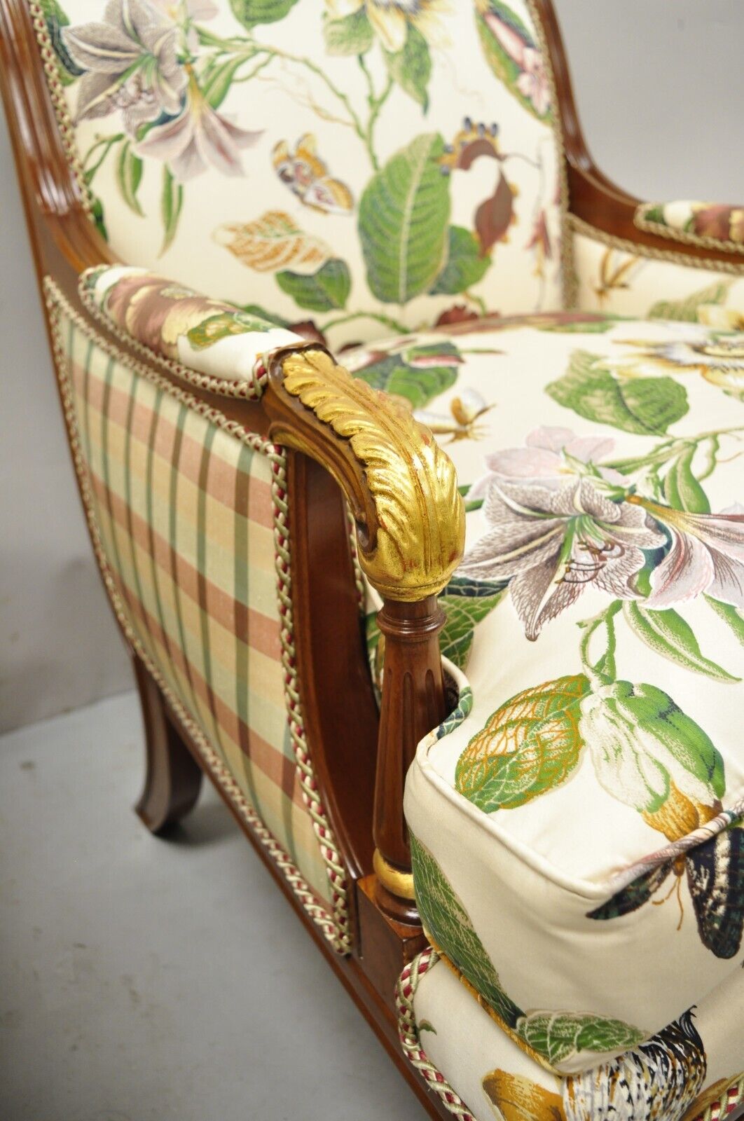 French Regency Style Floral Print Mahogany Frame Club Lounge Chairs - a Pair