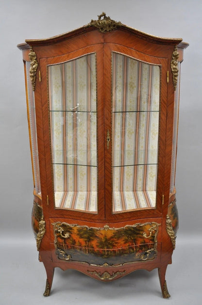 French Louis XV Style Reproduction Bombe Curio China Cabinet Vitrine with Bronze