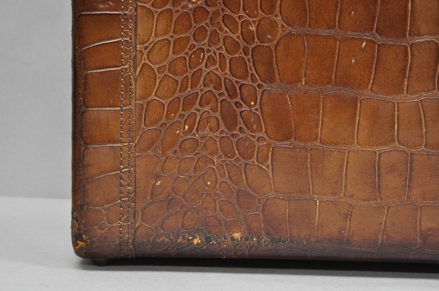 Vintage Art Deco Brown Leather Faux Crocodile Hard Case Suitcase Luggage