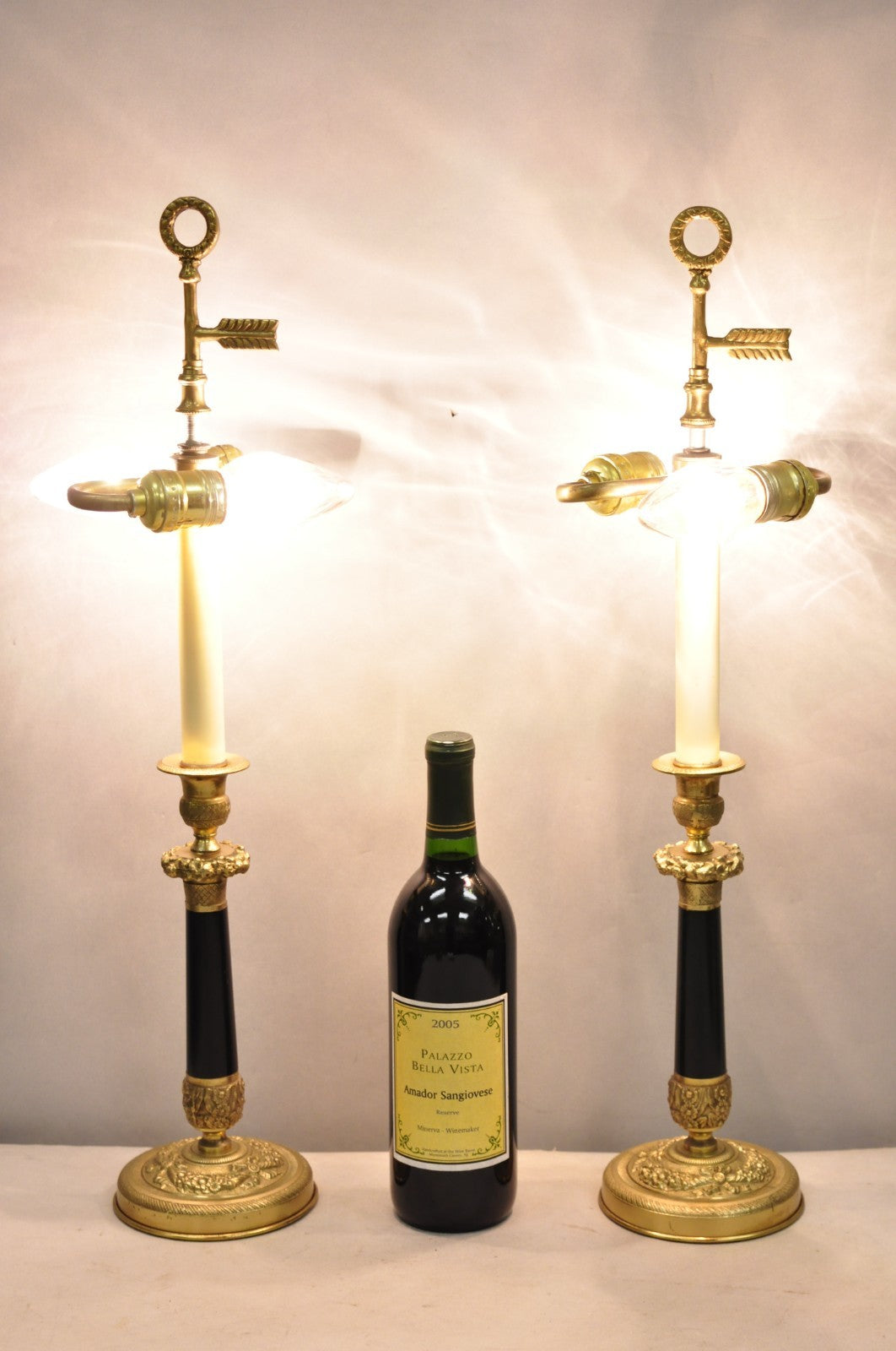 Vintage Warren Kessler French Empire Bronze Candlestick Small Table Lamps a Pair