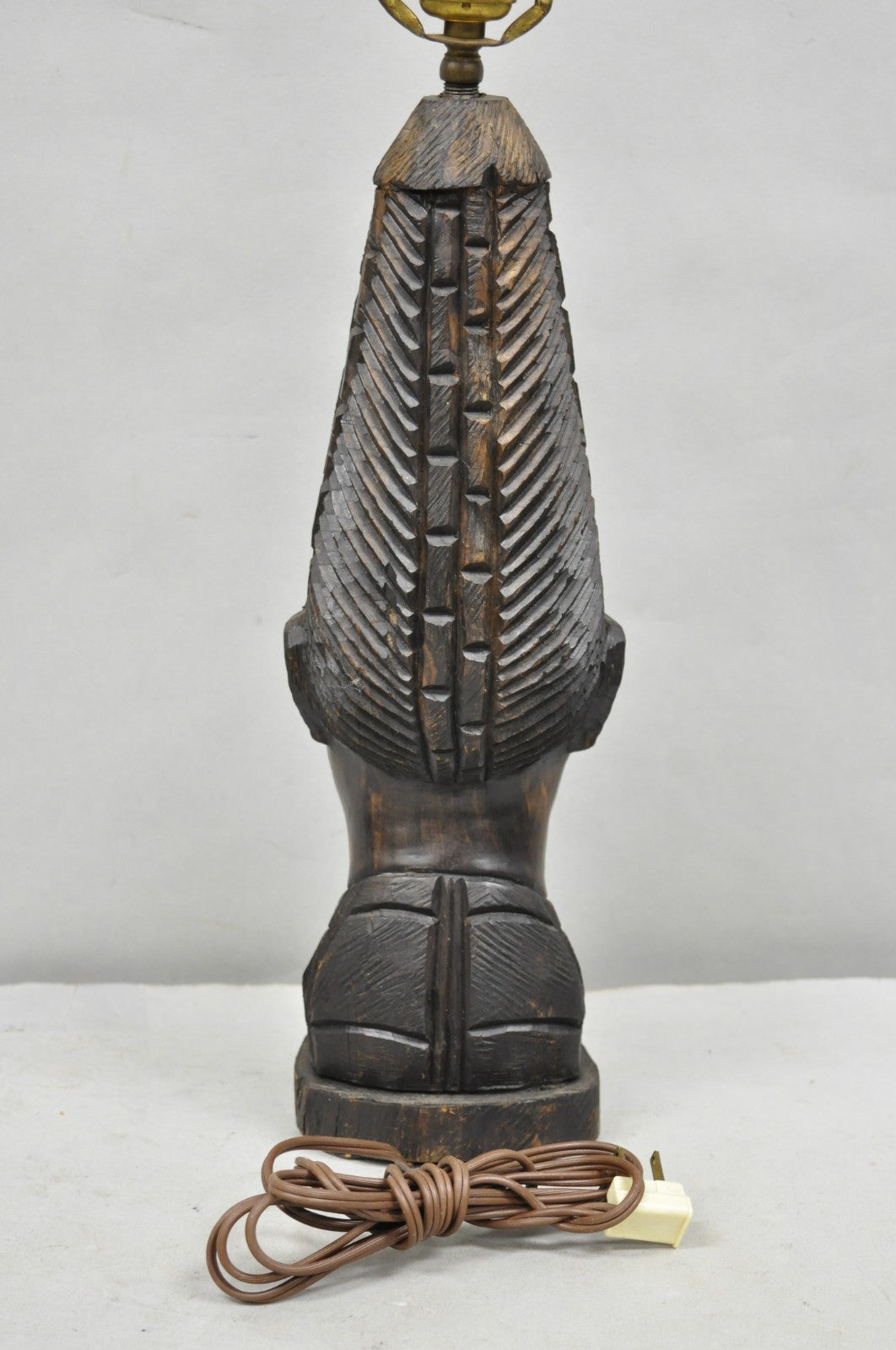 Vintage African Primitive Carved Ebony Wood Benin Bust Head Sculpture Table Lamp