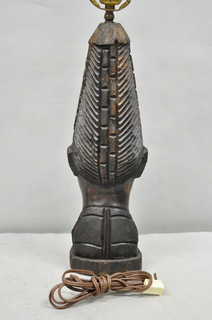 Vintage African Primitive Carved Ebony Wood Benin Bust Head Sculpture Table Lamp