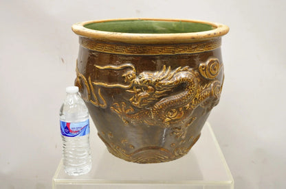 Antique Chinese Brown Glazed Ceramic Pottery Dragon Cachepot Jardinière - Pair