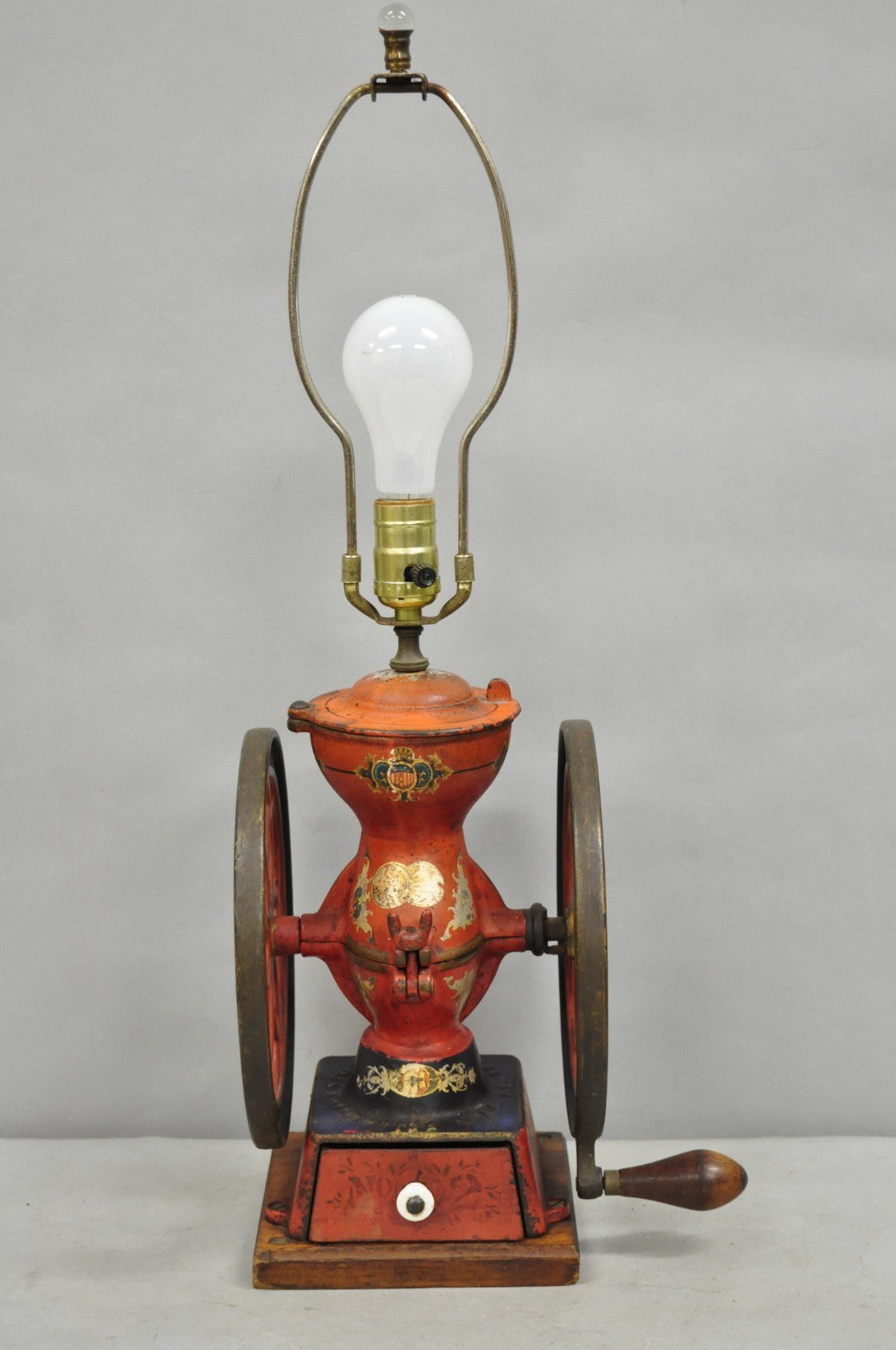 Antique Victorian Enterprise Phila. Red Cast Iron Coffee Mill Grinder Table Lamp