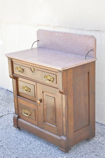 Antique Eastlake Victorian Walnut Washstand Commode with Marble Top Backsplash