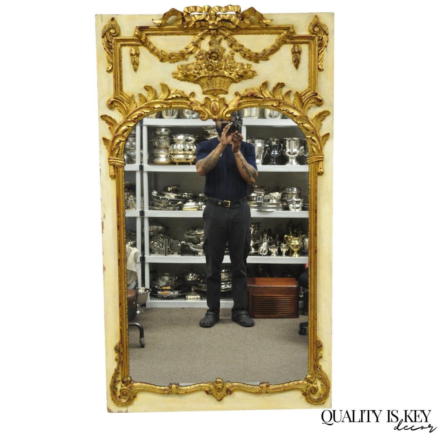 Antique French Louis XV Style Cream & Gold Gilt Drape Ribbon Trumeau Wall Mirror