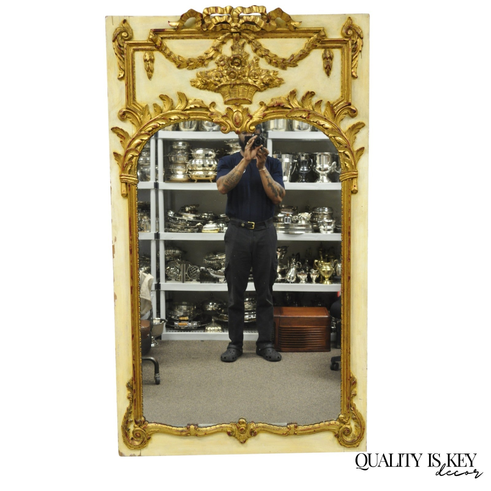 Antique French Louis XV Style Cream & Gold Gilt Drape Ribbon Trumeau Wall Mirror