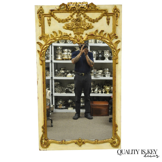 Antique French Louis XV Style Cream & Gold Gilt Drape Ribbon Trumeau Wall Mirror