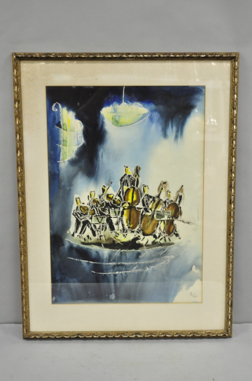 Itzhak Nesher (Austrian Israeli b 1929) "String Group" Judaica Watercolor Signed