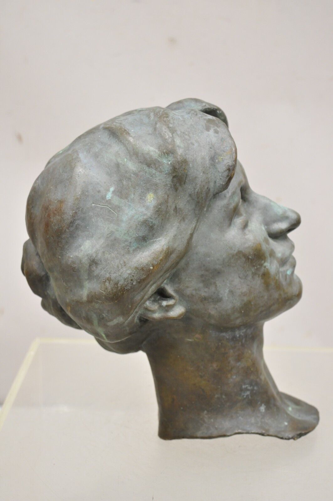 Vintage Patinated Cast Bronze Bust Statue Sculpture of Woman with Pinned Hair