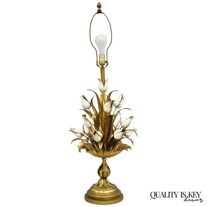 Vintage Italian Hollywood Regency Gold Gilt Iron White Tulip Flower Table Lamp