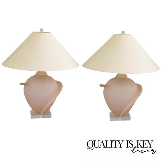 Hollywood Regency Pink Satin Frosted Glass Table Lamps w/ Lucite Base - a Pair