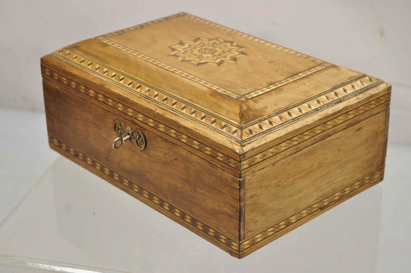 Antique English Marquetry Inlaid Wood Large Tea Caddy Lined in Metal Desk Box