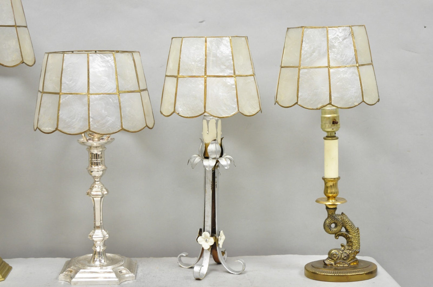 Vintage Italian Hollywood Regency Capiz Shell Gold 7.25 Round Clip On Lamp Shade