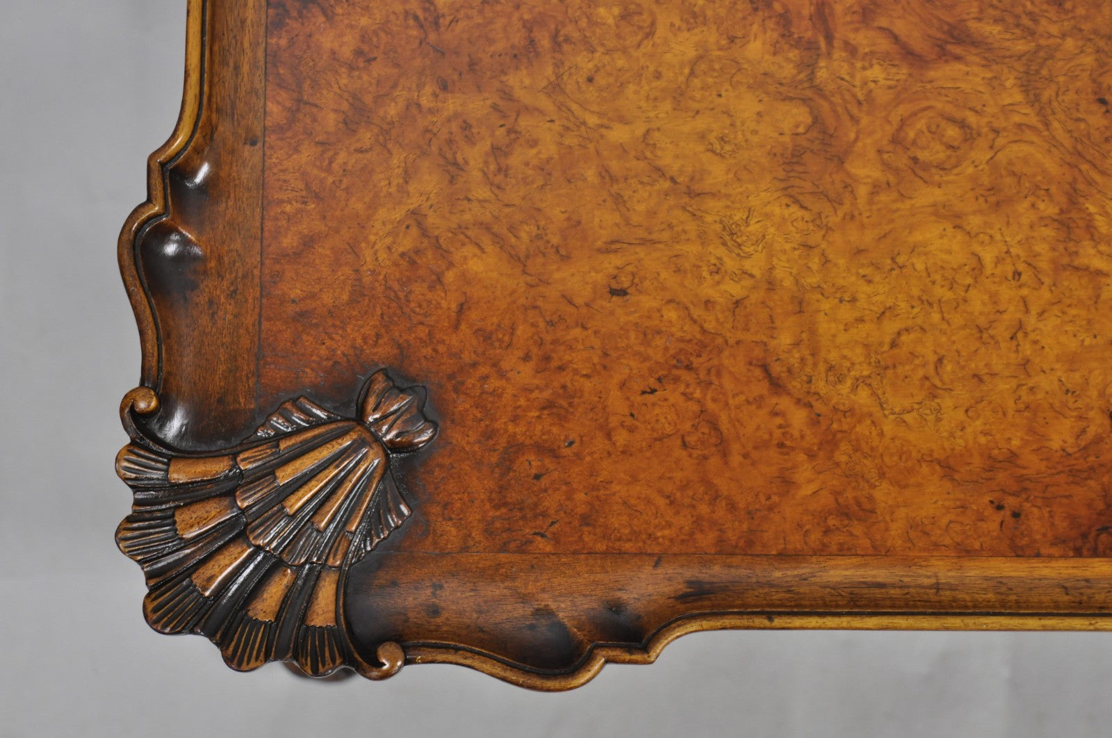 Antique English Georgian Style Burl Walnut Shell Carved Scalloped Coffee Table