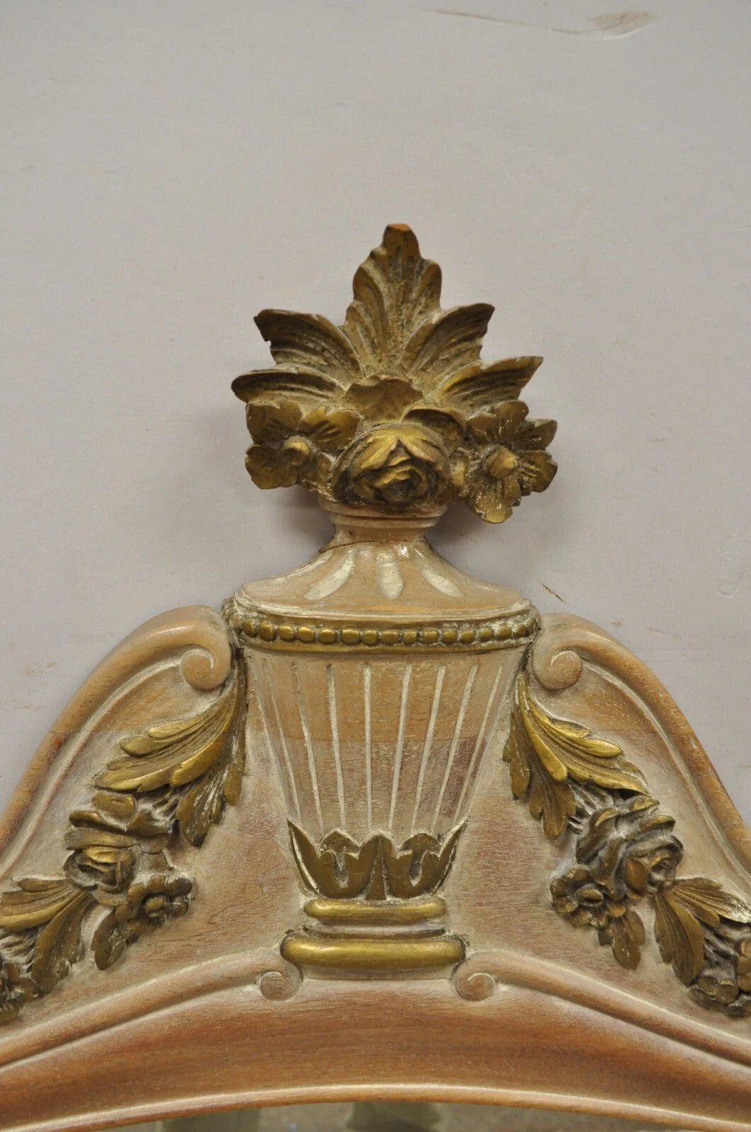 Vintage French Country Provincial Louis XV Style Carved Wood Urn Wall Mirror