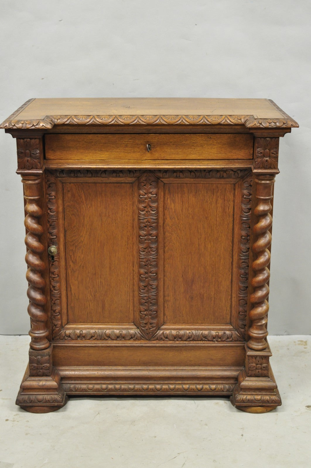 Antique Renaissance Revival Oak Wood Spiral Barley Twist Jelly Liquor Cabinet