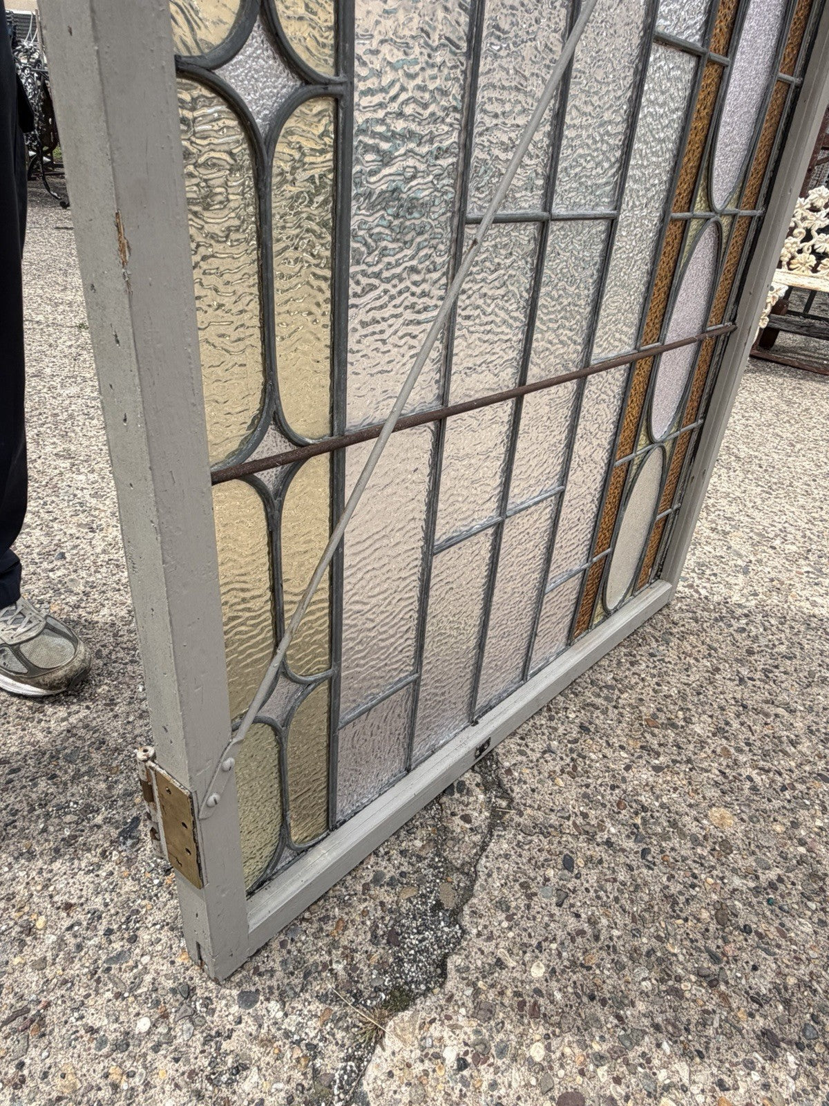 Antique Victorian Amber Stained Leaded Glass Double Window Converted to Door