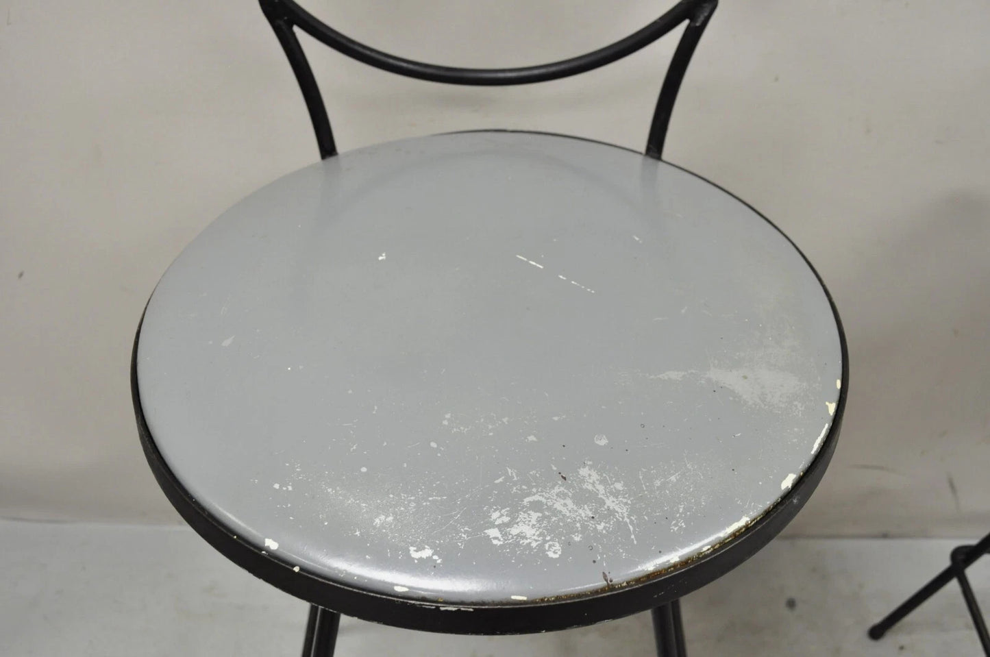 Mid Century Modern Arthur Umanoff Wrought Iron Swivel Counter Bar Stool Pair